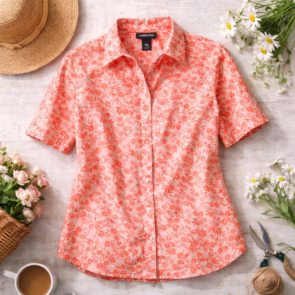Lands’ End Women’s Coral Floral No-Iron Button-Up Shirt 3X (24W–26W)